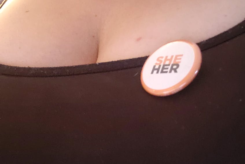Jolyne wears her pronoun pin, the same one she wore for her blood collection appointment at Cape Breton Regional Hospital so she could prevent being misgendered. However, it didn't help and the trans woman is speaking out because she wants the hospital to "do better" for transgender patients. CONTRIBUTED 