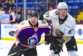 Kenny Hausinger (74) and the Reading Royals kept in close, but Riley McCourt (27) and the Newfoundland Growlers came away with two one-goals wins win northeastern Pennsylvania over the weekend. — Reading Royals photo
