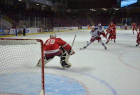 Summerside D. Alex MacDonald Ford Western Capitals forward Colby MacArthur breaks in alone on Fredericton Red Wings goaltender Mathias Savoie during a Maritime Junior Hockey League (MHL) game at the Island Petroleum Energy Centre on Nov. 18. The Capitals won the game 8-1.