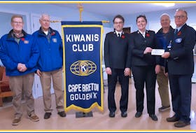 The Kiwanis of Cape Breton Golden K has donated $9,000 to the Salvation Army's ABC Snack Program. Members shown with the donation cheque include Kiwanis Golden K members Darius Powel, left, Don Matheson, Salvation Army Lt. Dion Durdle, Lt. Jenelle Durdle and Kiwanis members Ernie Redquest and John Ryan.