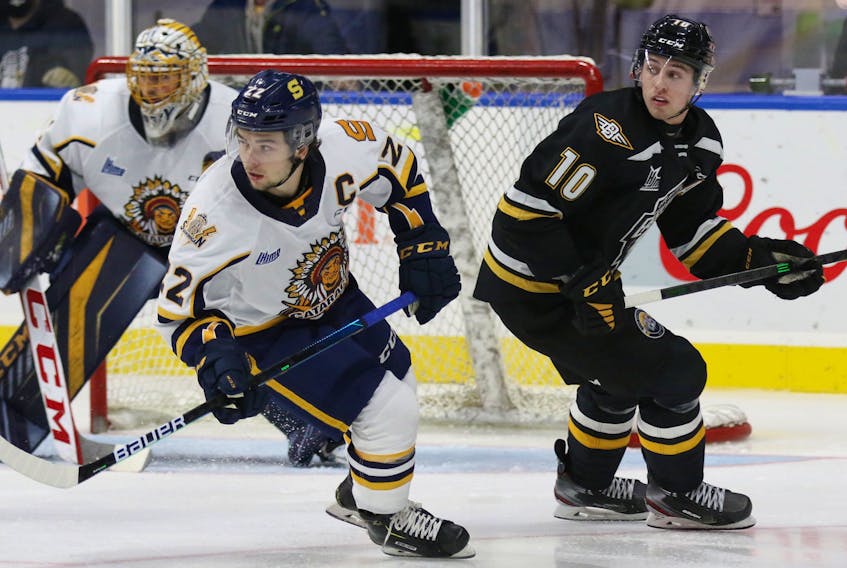 Shawinigan Cataractes captain Mavrik Bourque, left, in a game against the Cape Breton Eagles. When Bourque is in the lineup, his Quebec Major Junior Hockey club has a 7-1 record. Contributed