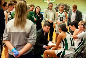 UPEI Panthers head coach Matt Gamblin goes over strategy during a timeout in a recent Atlantic University Sport Women’s Basketball Conference game at the Chi Wan Young Sports Centre in Charlottetown. The Panthers are ranked No. 1 in this week’s USPORTS national women’s basketball rankings for the first time in the program’s history. 