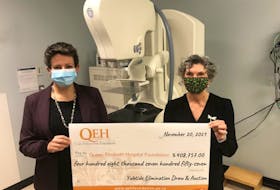 QEH radiologist Melanie McQuaid, left, with QEH Foundation chair Patsy MacLean display the record-breaking total of $408,757 for the QEH Foundation’s Yuletide Elimination Draw and Auction in support of new mammography machines.