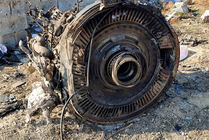 A file photo shows some of the debris of the Ukraine International Airlines, flight PS752, Boeing 737-800 plane that was brought down by missiles after take-off from Iran's Imam Khomeini airport on Jan. 8, 2020.