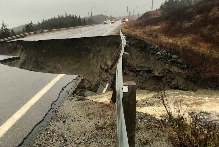 A section of road near the Grand Bay Bridge and Port aux Basques weight scales is closed due to washouts and heavy flooding.