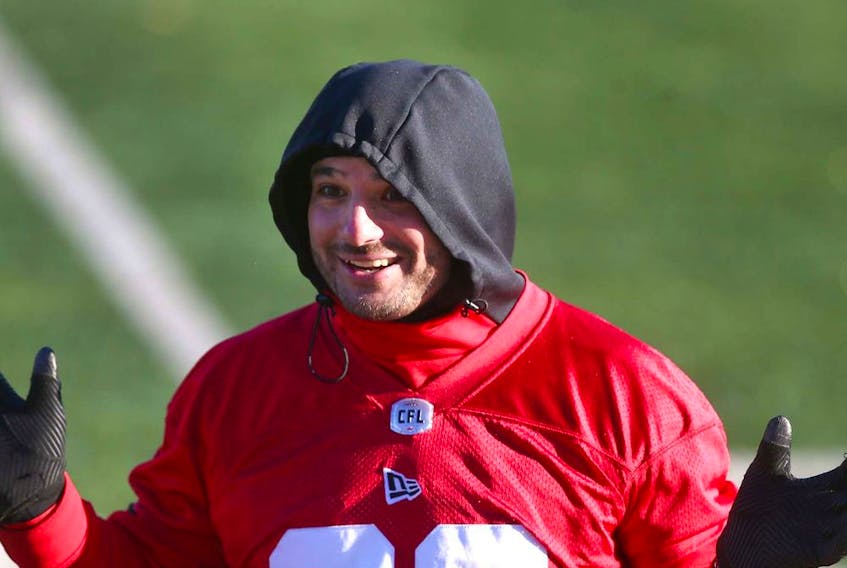 Stampeders kicker Rene Paredes shares a light moment with teammates during practice at McMahon Stadium on Wednesday. On Thursday, he was named the West Division's Top Special Teams Player.