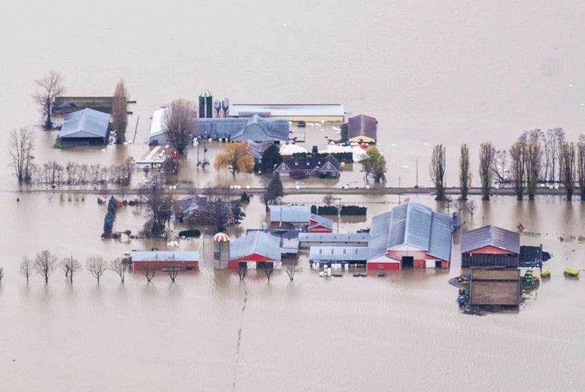 Flood waters surround a farm in Abbotsford, B.C., November 23, 2021. 