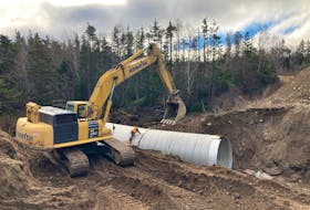 Backfilling to repair storm damage began Friday, Nov. 26, at Overbrook Falls on the Trans Canada Highway  in southwestern Newfoundland. Transportation and Infrastructure photo