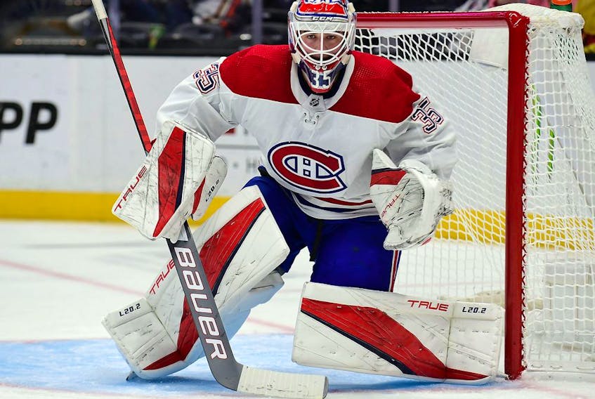 Canadiens goalie Sam Montembeault has a 1-3-1 record this season with a 3.58 goals-against average and a .897 save percentage.