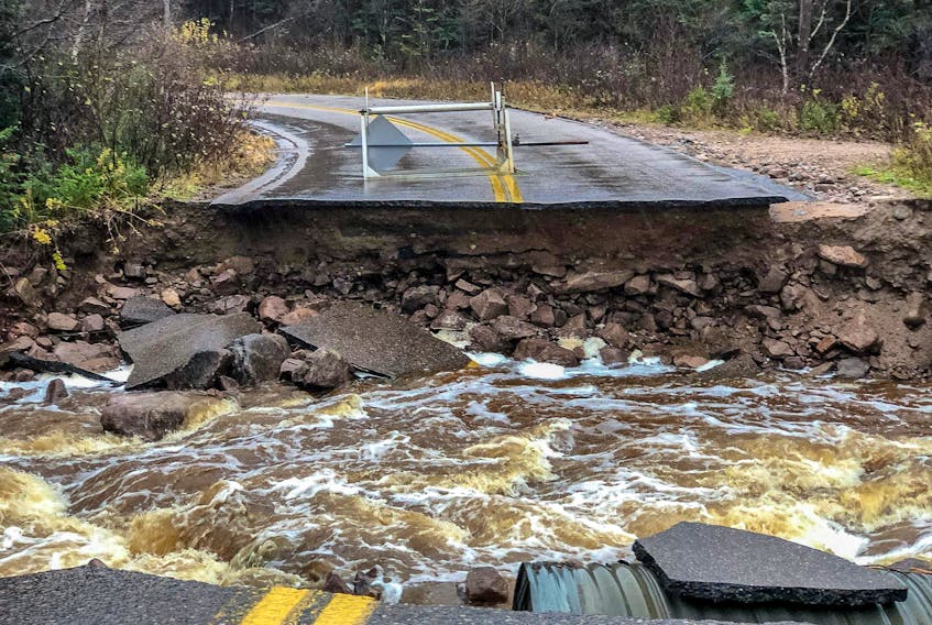 A large section of New Haven Road washed out in the flooding that followed severe rains on Tuesday in the storm that hit the Maritimes. Photo contributed by Mary Fricker.