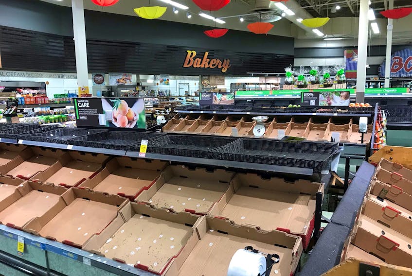 Empty boxes in the fruit section of a grocery store in Kelowna, following catastrophic flooding in B.C. 