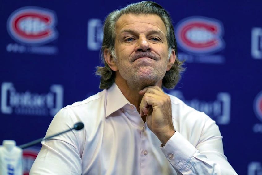 Marc Bergevin at a press conference at the Bell Sports Complex in Brossard on Oct. 7, 2021.  