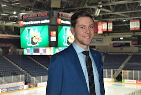 After three years as a player in the junior B ranks, Riley Scott is back in hockey as an employee of the Halifax Mooseheads. As a team graphic designer, he is responsible for graphics on the large scoreboard during games.