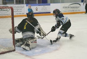 Valley Wild forward Jaylee MacKinnon goes to her forehand on a breakaway to try to beat Fundy Highland Stars goalie Alana Palmer during Nova Scotia Female Hockey League’s Under-15 AAA action Nov. 28 at the West Hants Sports Complex in Windsor.