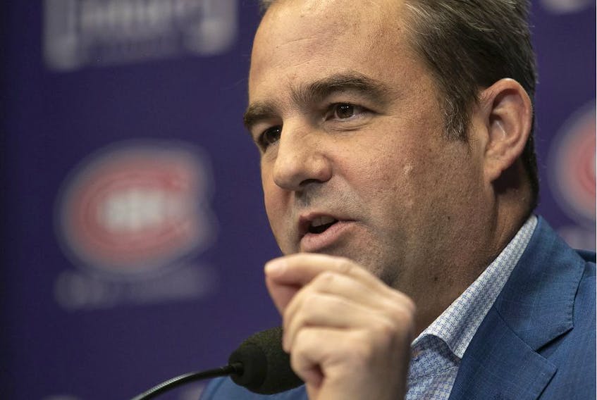 Geoff Molson, owner and president of the Montreal Canadiens, during news conference explaining the firing of general manager Marc Bergevin, assistant general manager Trevor Timmins and senior vice-president (public affairs and communications) Paul Wilson in Brossard on Nov. 29, 2021.