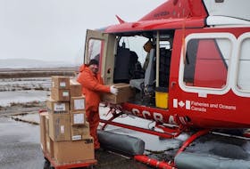 Hospital supplies are loaded aboard the Canadian Coast Guard’s Bell 142 helicopter in Stephenville Sunday. (Coast Guard photo)