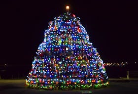 The Municipality of Barrington’s pot Christmas tree on the North East Point waterfront on Cape Sable Island has been lit for the season. KATHY JOHNSON 