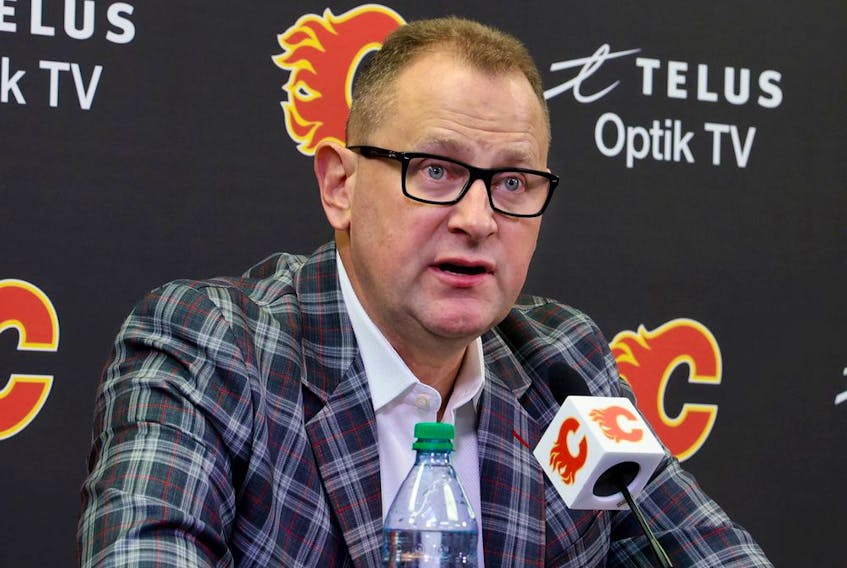  Calgary Flames general manager Brad Treliving speaks with media on the opening day of the team’s training camp, Wednesday, Sept. 22, 2021.