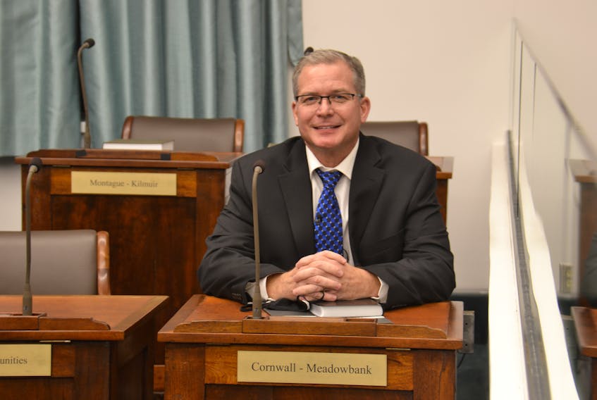 Newly sworn-in MLA Mark McLane takes his seat in the P.E.I. legislature on Nov. 29. McLane won a closely-watched byelection in Cornwall-Meadowbank on Nov. 15 but was not sworn in before the legislature closed. 