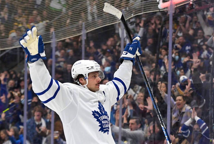 Toronto Maple Leafs forward Auston Matthews celebrates after scoring a goal against Boston Bruins in the second period at Scotiabank Arena in Toronto, Nov. 6, 2021.