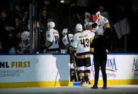In this March 7, 2020 file photo, the Newfoundland Growlers, including Zach O’Brien, Todd Skirving and captain James Melindy, leave the ice after an ECHL game against the Adirondack Thunder at Mile One Centre in St. John’s. It was the last ECHL contest at the arena before the league shut down because of the COVID-19 pandemic. Tonight — one year, eight months and 24 days later — the Growlers return to action at their home rink with a matchup against the Adirondack Thunder. Melindy, Skirving and O’Brien are back with the team, but for almost every other player on the roster, today will mark the first time they’ve ever skated on the ice at what is now called Mary Brown’s Centre. — Newfoundland Growlers file photo/Jeff Parsons