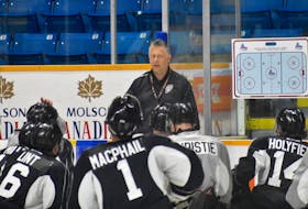 Cape Breton Eagles head coach Jake Grimes addresses some of the players in this 2019 file photo. Grimes stepped down as Eagles head coach on Tuesday, Nov. 30, 2021 for personal/family reasons. CAPE BRETON POST FILE