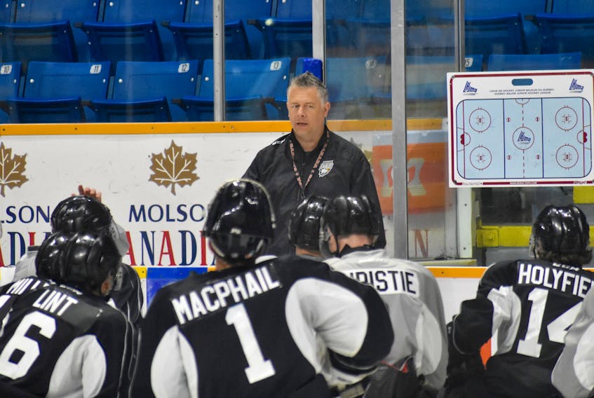 Cape Breton Eagles head coach Jake Grimes addresses some of the players in this 2019 file photo. Grimes stepped down as Eagles head coach on Tuesday, Nov. 30, 2021 for personal/family reasons. CAPE BRETON POST FILE