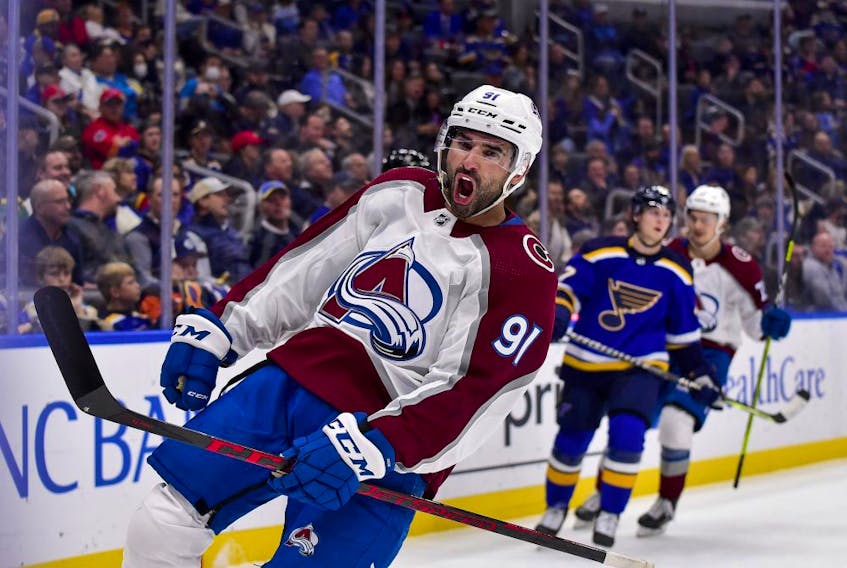Oct 28, 2021; St. Louis, Missouri, USA;  Colorado Avalanche center Nazem Kadri (91) reacts after scoring a goal against the St. Louis Blues during the second period at Enterprise Center. Mandatory Credit: Jeff Curry-USA TODAY Sports
