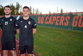 The Cape Breton Capers men’s soccer team will look to win their fifth consecutive Atlantic University Sport title this weekend as they host the championship tournament at Cape Breton Health Recreation Complex Turf in Sydney. Capers players from left, Cian Lynch and captain Euan Bauld. JEREMY FRASER • CAPE BRETON POST