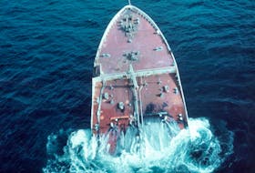 This dramatic photograph shows the severed bow of the tanker MV Kurdistan which broke in half in a storm off Cape Breton in the Cabot Strait in March 1979. Unlike the SS Arrow oil spill off Isle Madame in 1970, the MV Kurdistan oil spill was limited. The bow was later towed past Sable Island and deliberately sunk by naval gunfire. CONTRIBUTED/CANADIAN COAST GUARD