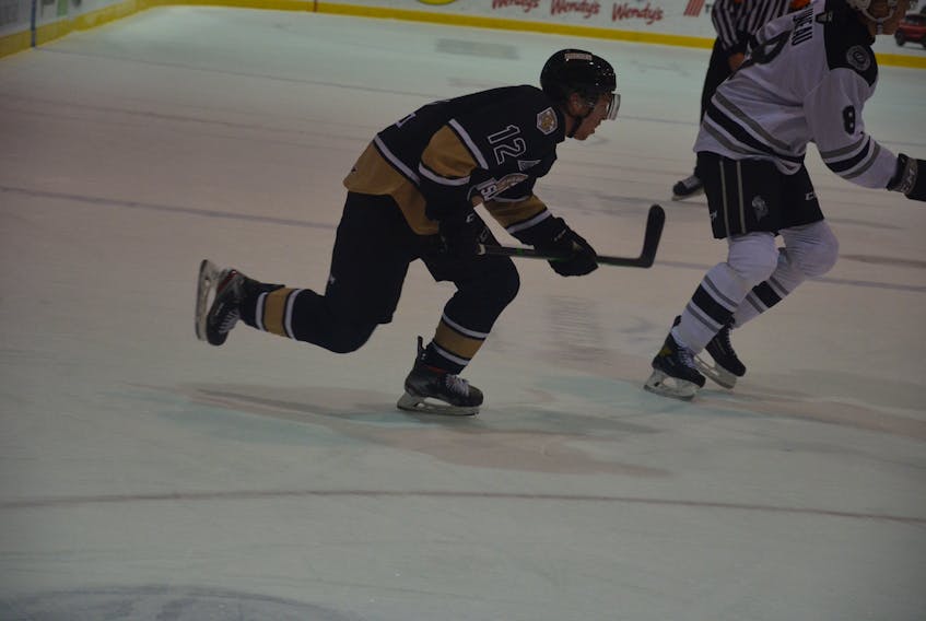 Charlottetown Islanders forward Keiran Gallant follows the play against the Gatineau Olympiques in a Quebec Major Junior Hockey League contest at Eastlink Centre in Charlottetown on Oct. 28. Gallant, who is from Covehead, recorded two assists in Charlottetown’s 4-1 win over the host Drummondville Voltigeurs on Nov. 3.
