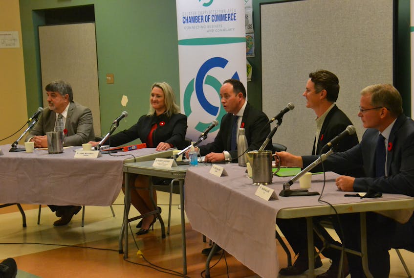 The four Cornwall-Meadowbank candidates - the NDP's Larry Hale, Liberal Jane MacIsaac, Green Todd MacLean and PC Mark McLane - faced off during a candidates' debate on November 3. The event was organized by the Greater Charlottetown Chamber of Commerce and moderated by CEO Robert Godfrey.
