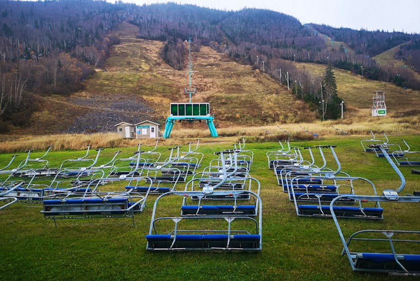 Lift chairs are seen at the base of Marble Mountain Resort in Steady Brook as workers inspect and get them ready for the 2022 season.