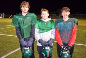 Three defensive players with the Summerside Clippers will play their final minor tackle football game on Nov. 7. Defensive lineman and middle linebacker Nathan Enman, left, defensive lineman Daniel Tamtom, centre, and middle linebacker Luke Quinlan have been part of the Summerside Spartans’ tackle football program since Grade 5. The Clippers will take on Charlottetown Privateers in the Potato Bowl – the championship game of the Football P.E.I. Varsity Tackle League – at Eric Johnston Field in Summerside at 2:30 p.m.