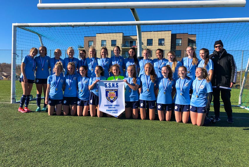 The C.P. Allen Cheetahs pose with the School Sport Nova Scotia provincial girls' soccer banner on Saturday.