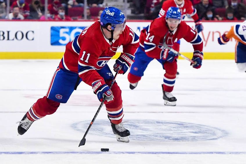 Canadiens forwards Brendan Gallagher (11) and Nick Suzuki (14) will both be game-time decisions for Saturday night’s game against the Vegas Golden Knights at the Bell Centre.
