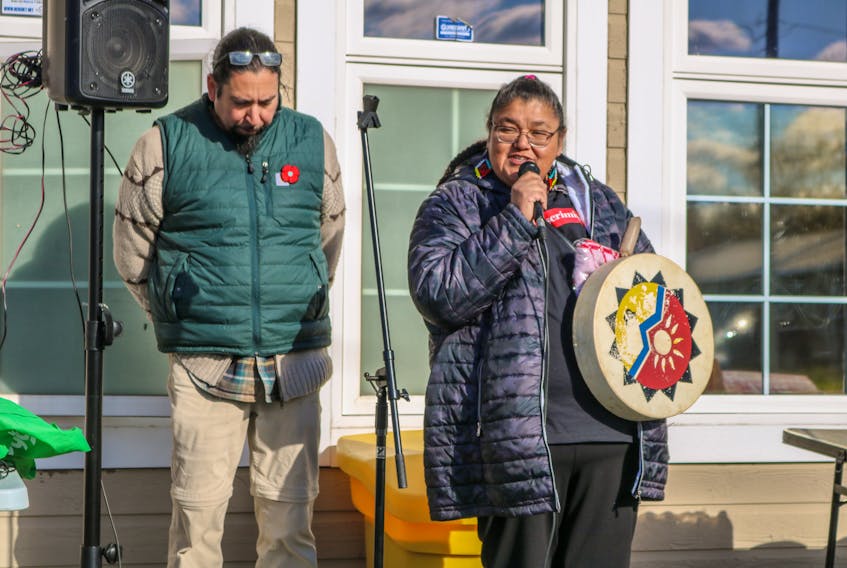 Karina Matthews-Denny delivers a speech following Membertou's Drug and Alcohol Awareness Walk on Saturday afternoon. JESSICA SMITH/CAPE BRETON POST