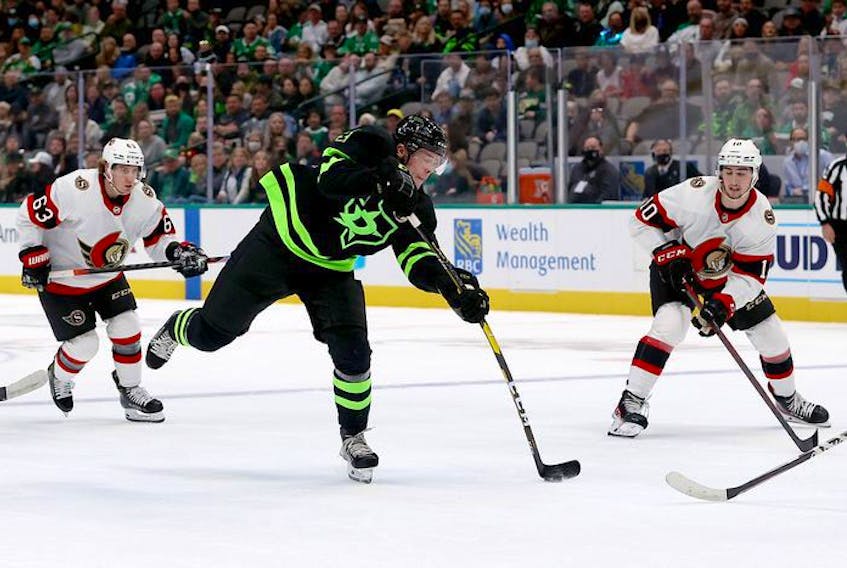  Miro Heiskanen of the Dallas Stars takes a shot on goal against the Ottawa Senators in the first period at American Airlines Center on Oct. 29, 2021 in Dallas, Texas.