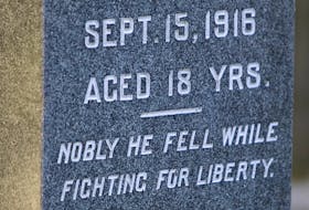 The Tombstone for Private Joseph H. Allen during a historical walk of Camp Hill Cemetery Saturday, November 7th.  Tom Tullock, Capt. RCN (Ret'd) told the stories of the life, and death, of twelve men in ten sites buried in the downtown Halifax cemetery.