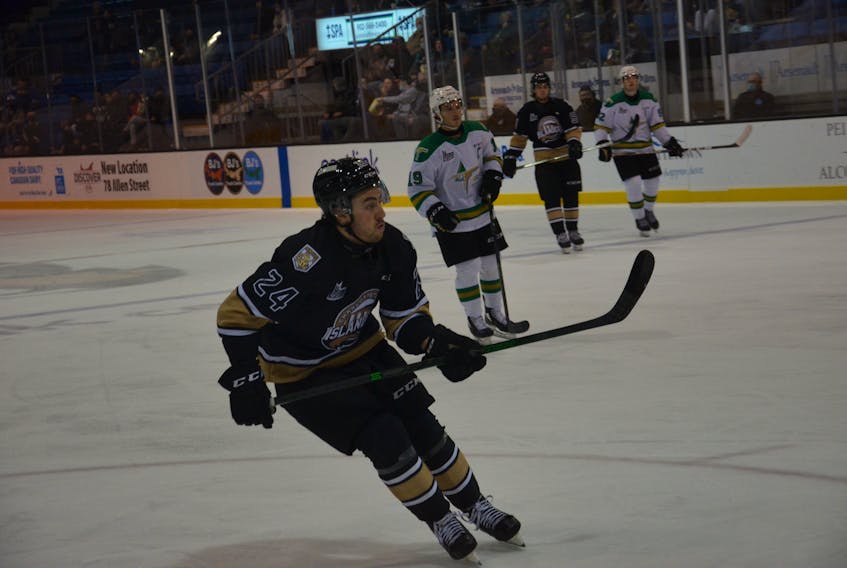 Charlottetown Islanders forward Drew Elliott tracks the play during a recent Quebec Major Junior Hockey League (QMJHL) game against the Val-d’Or Foreurs at the Eastlink Centre. Elliott scored in the final minute of regulation time to lift the Islanders to a 4-3 road win over the Blainville-Boisbriand Armada on Nov. 6.