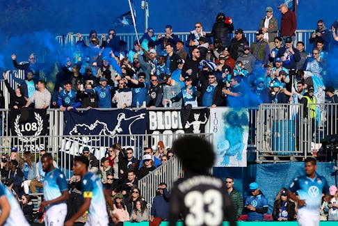 FOR SPURR STORY:
Fans seated in 'The Kitchen" celebrate following a goal by the Wanderers FC in during action against Atletico Ottawa in Halifax Sunday November 7, 2021.

TIM KROCHAK PHOTO