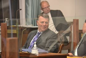 P.E.I. Premier Dennis King sits at his desk in the legislature before question period in this file photo.