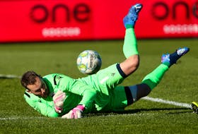 Atletico Ottawa keeper Dylon Powley makes a stop against the HFX Wanderers during a Canadian Premier League matinee Sunday at the Wanderers Grounds. The teams played to a 1-1 draw. - TIM KROCHAK / THE CHRONICLE HERALD