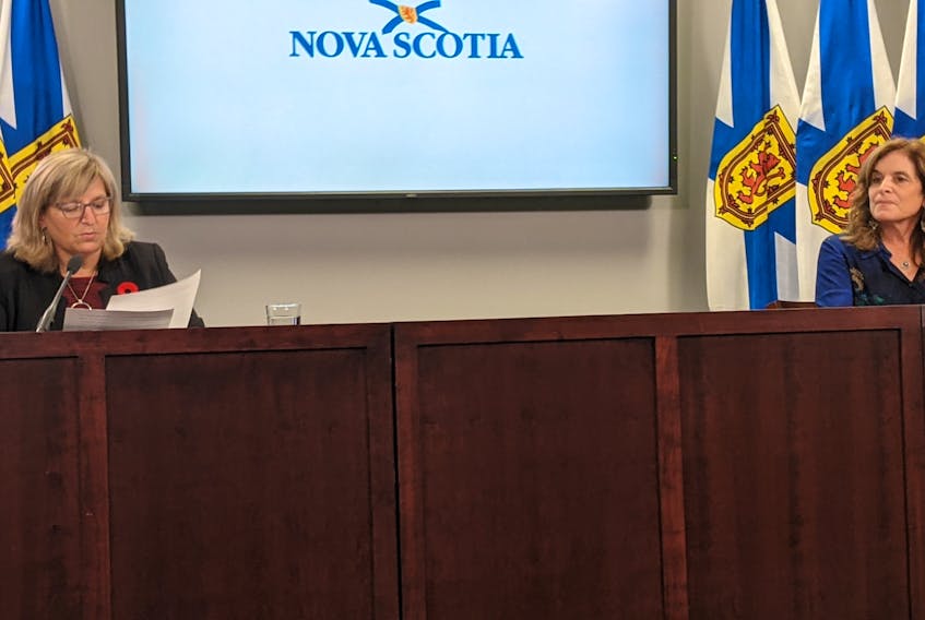 Barbara Adams, minister of seniors and long-term care, and Dr. Shelley Deeks, Nova Scotia's deputy chief medical officer of health, hold a news briefing on COVID-19 outbreaks that include a nursing home in Pugwash. - John McPhee