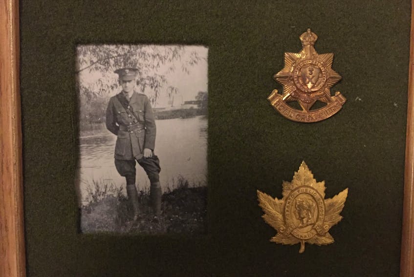 Ian Bowen's grandfather, Lt. James W. Bowen's regiment hat badge on top and his school cadet corps hat badge beneath.  James served in Canada during WWI as his eyesight was too poor to let him go overseas