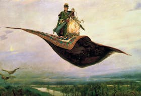 This depiction of Russian folk hero Ivan Tsarevich riding a flying carpet, could be comparable to the tale of Aladdin in the stories of One Thousand and One Nights from the Middle East. Painting by Viktor Vasnetsov (1880).