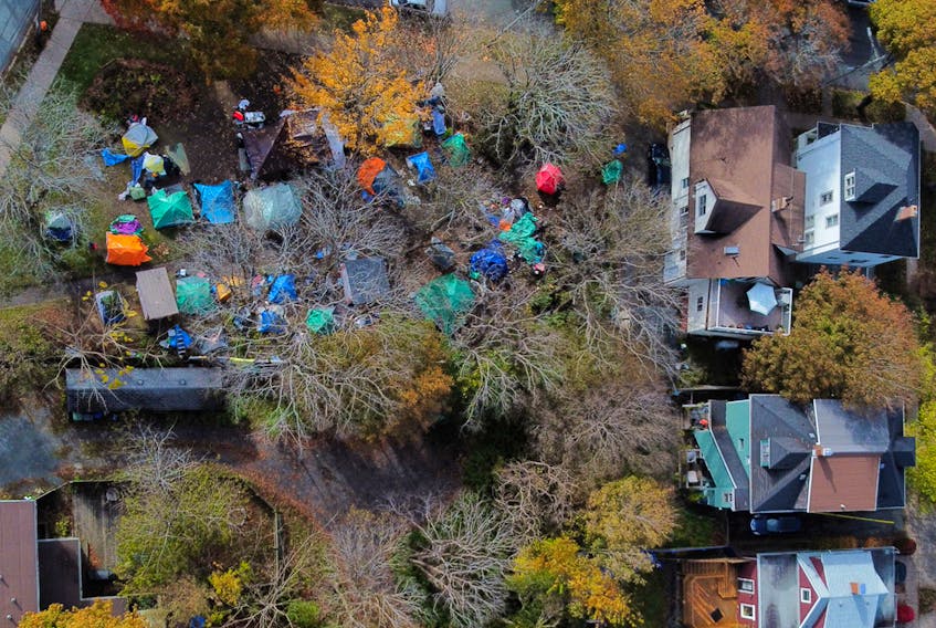 An aerial view of some of the tents for the homeless in Meagher Park, aka The People's Park in Halifax Monday November 8, 2021. TIM KROCHAK PHOTO