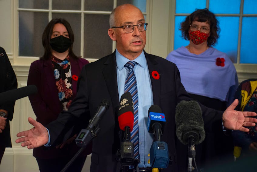 Gary Burrill announces that he will be stepping down as leader of the provincial NDP party during a press conference at Province House on Tuesday, Nov. 9, 2021. Burrill will stay on as leader until a replacement is named within a year.