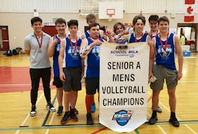 The École-sur-Mer Requins won the Summerside school’s first-ever P.E.I. School Athletic Association Senior A Boys Volleyball League championship on Nov. 6. École-sur-Mer defeated LaBelle Cloche/Souris 3-1 (26-24, 25-18, 19-25, 25-10) in the winner-take-all final played at Charlottetown Rural High School. École-sur-Mer team members are, front row, from left: Riley Shortt, Zach Arsenault, Noah Farrell and Carson Crawford. Back row: Austin Stewart (head coach), Hayden Cotton, Owen Jones, Zach Michaud and Ciaran Matthews.