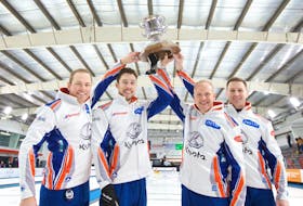 Before their win Sunday at the Boost National, the St. John's-based rink of (from left) Geoff Walker, Brett Gallant, Mark Nichols and Brad Gushue hadn't raised a trophy in triumph at a Grand Slam of Curling event in more than three years. — Anil Mungal/Grand Slam of Curling